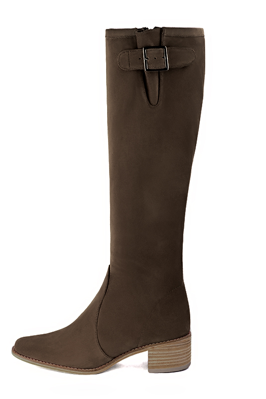 Chocolate brown women's knee-high boots with buckles. Round toe. Low leather soles. Made to measure. Profile view - Florence KOOIJMAN